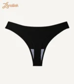 A black sports thongs panties with a bonded waistband and soft fabric designed for comfort and minimal coverage