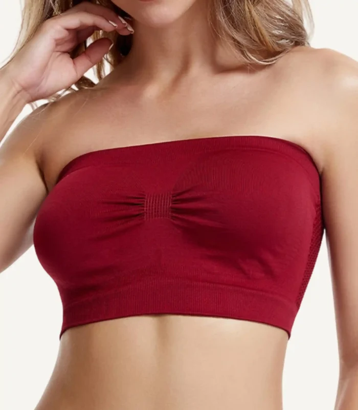Strapless Bra Wireless Seamless Breathable Bandeau Top01 zoralinkcom Woman in red strapless bra showcases anti slip grip and seamless design for confident movement