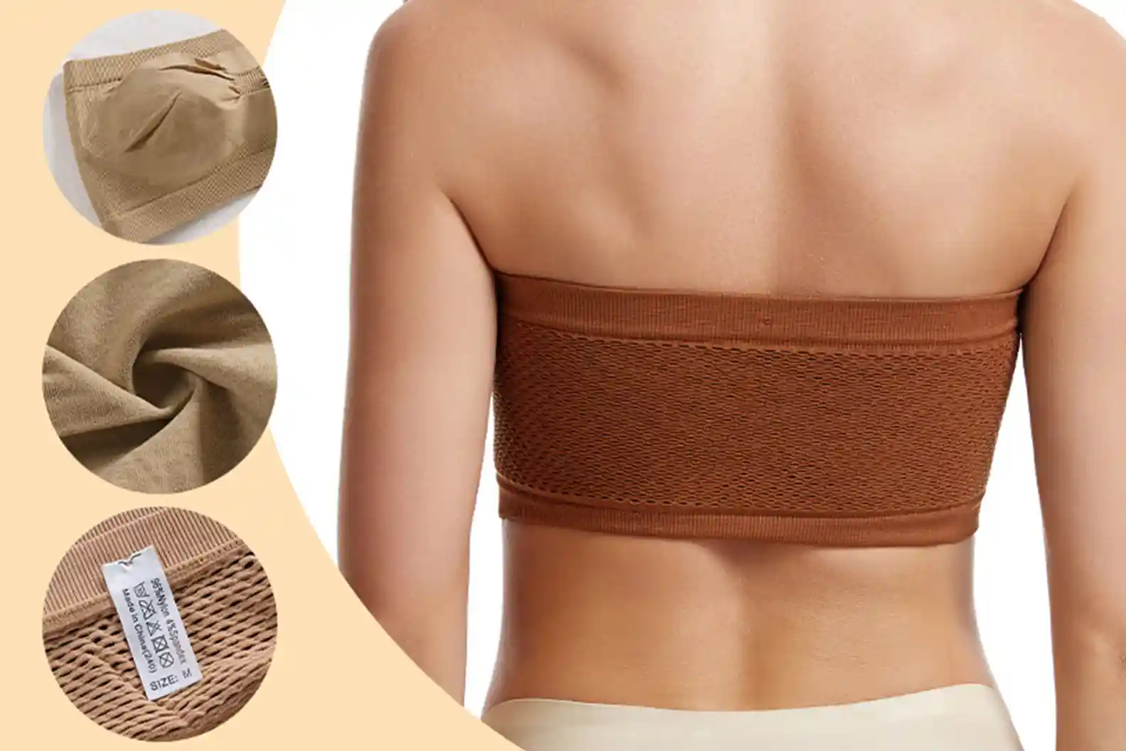 Back view of a wireless strapless bra with breathable mesh panel, paired with material swatches showcasing anti-slip silicone lining and stretch fabric technology
