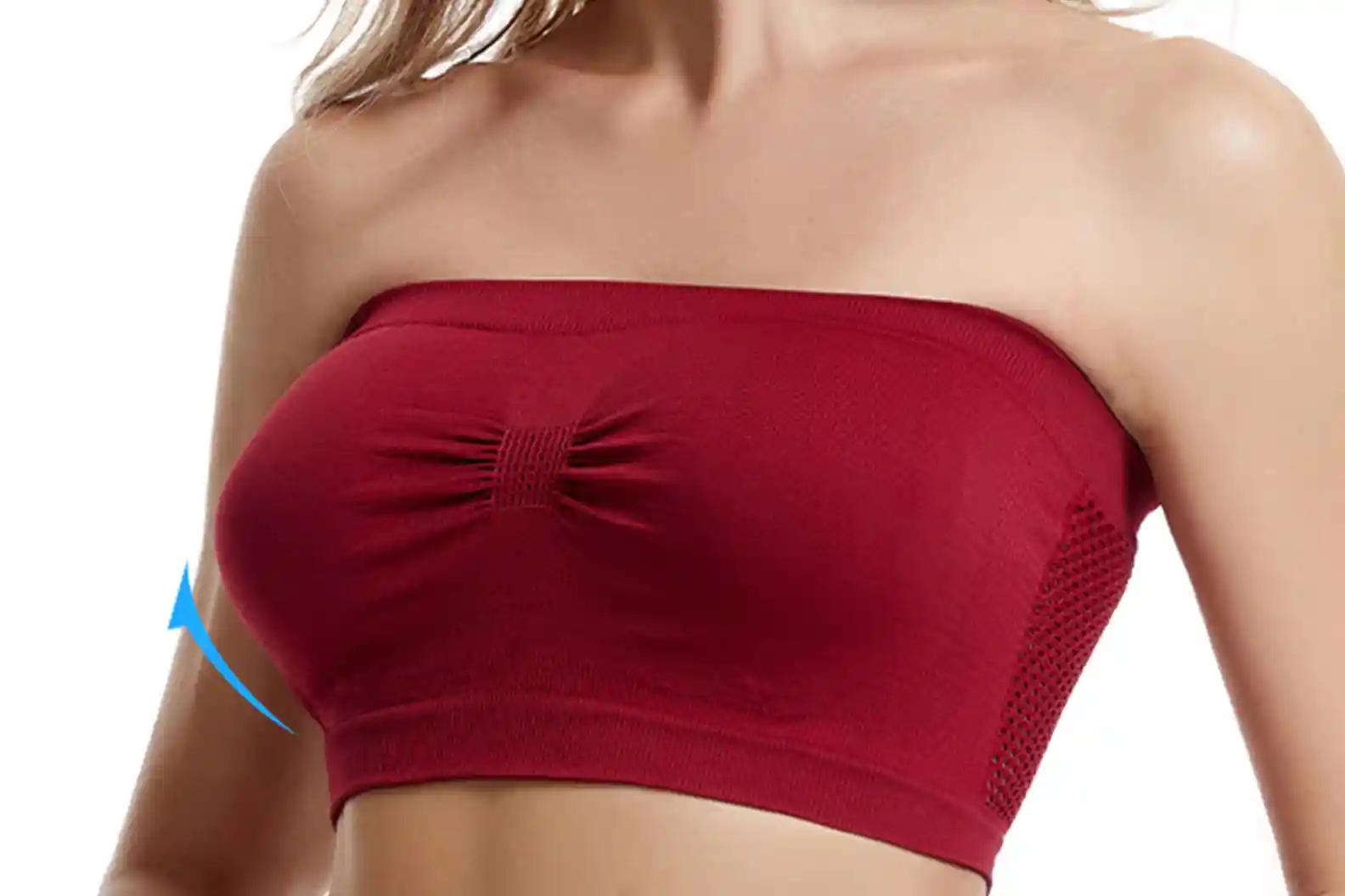 Red strapless bra with dynamic pose and arrows pointing to ergonomic lift and breathable mesh. Features anti-slip lining for all-day comfort