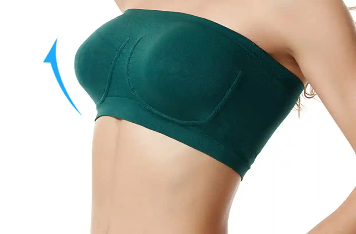 Strapless Bra Wireless Seamless Comfort for Women11 zoralinkcom Green strapless bra with ergonomic lift technology contour arrows highlight precision chest sculpting Anti slip lining and breathable mesh ensure secure comfort during dynamic poses