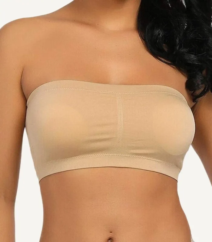 Strapless Bra Tube Top Wireless Seamless Comfortable01 zoralinkcom Beige wireless strapless bra with ergonomic lift showcasing seamless design and secure fit during dynamic poses