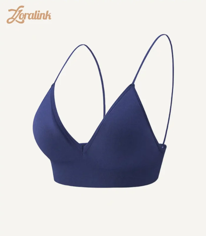 A seamless wireless navy blue triangle bra designed for comfort and a flattering fit