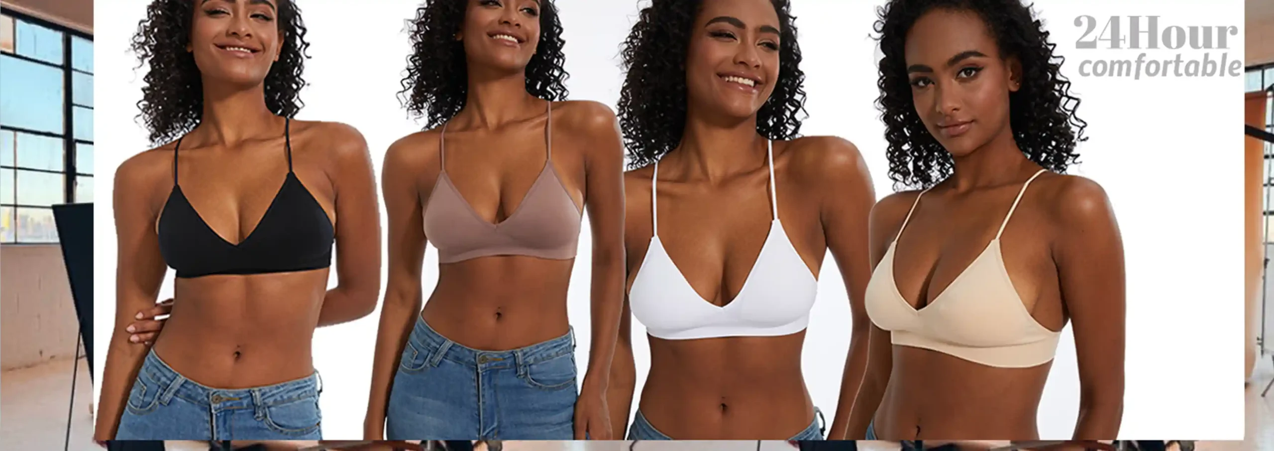 Triangle Bra Seamless Wireless Comfort Style10 zoralinkcom Models showcasing a collection of seamless wireless triangle bras in black beige white and nude colors emphasizing 24 hour comfort