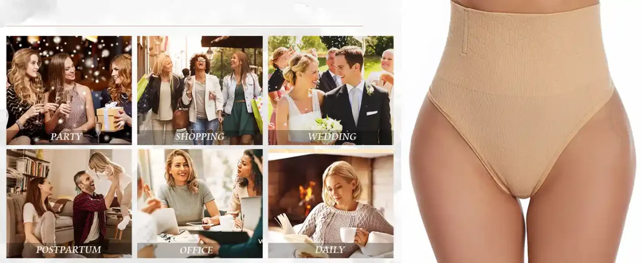Beige high - waisted tummy control underwear suitable for various occasions like party, shopping, wedding, postpartum, office and daily life.