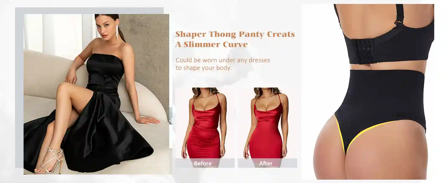 Tummy Control Underwear Seamless Breathable Thong07 zoralinkcom Advertisement for shaper thong panty showing a woman in a black dress and Before After body shaping comparison highlighting its curve creating function