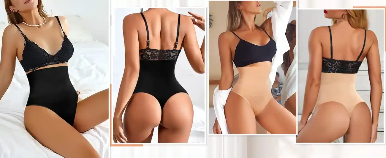 High - waisted tummy control underwear in black and beige, showcasing their body - shaping effects on the waist and abdomen from different angles.