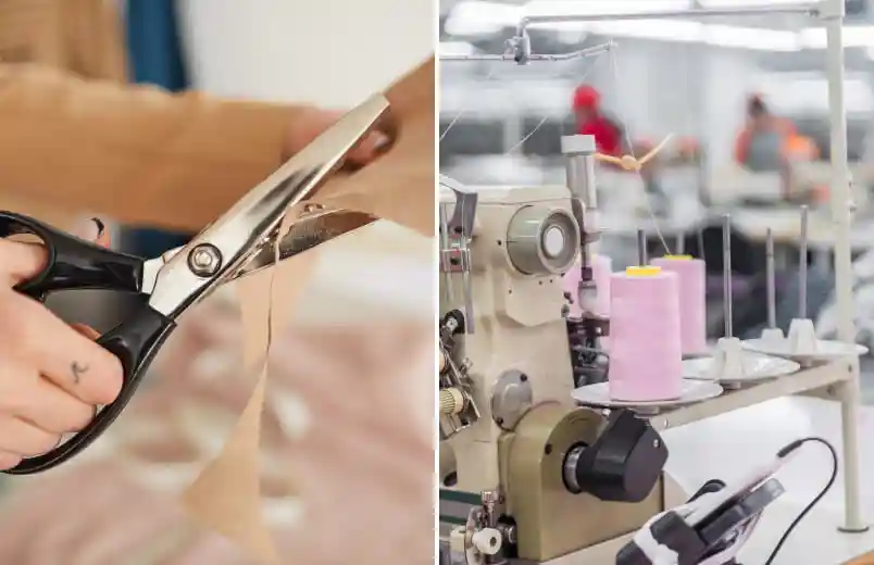 about us01 zoralinkcom A split image showing a person using professional tailors shears to cut fabric on the left and a sewing machine with pink thread spools in a workshop on the right highlighting the tools and processes used by underwear suppliers and vendors