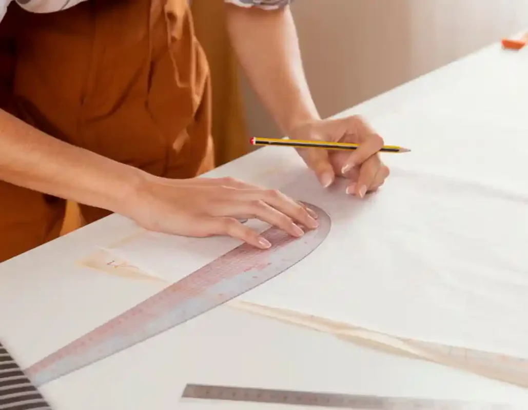 about us02 zoralinkcom A person in an orange garment using a pencil and curved ruler to draft a pattern on paper representing the initial design work of underwear suppliers and vendors